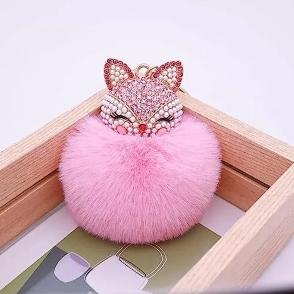 Pink Plush Pom Pom FOX Rhinestones Pearls Feminine Elegant Luxury Keychain Gift